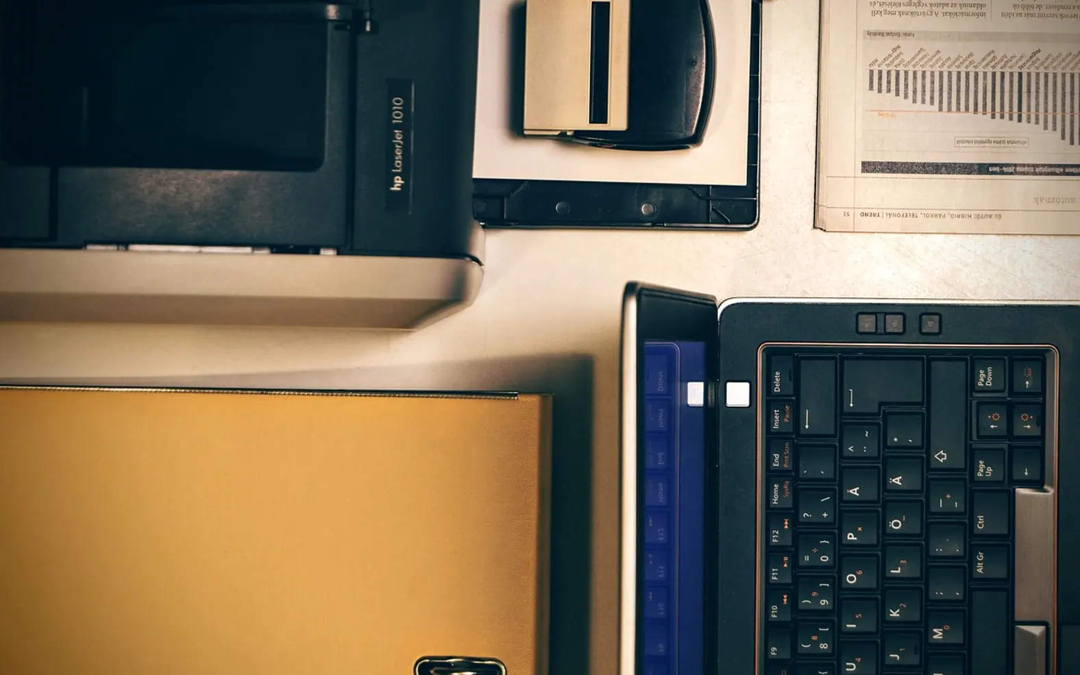 Laptop, printer and office